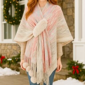 Faux Fur Pom-Pom Fringe Hem Poncho Sweater Wrap Colorful Knit Oversized Swawl